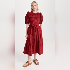 Sea New York SIBYLLE Midi Tiered Dress Red Waist Tie‎ Button Front Size Medium
